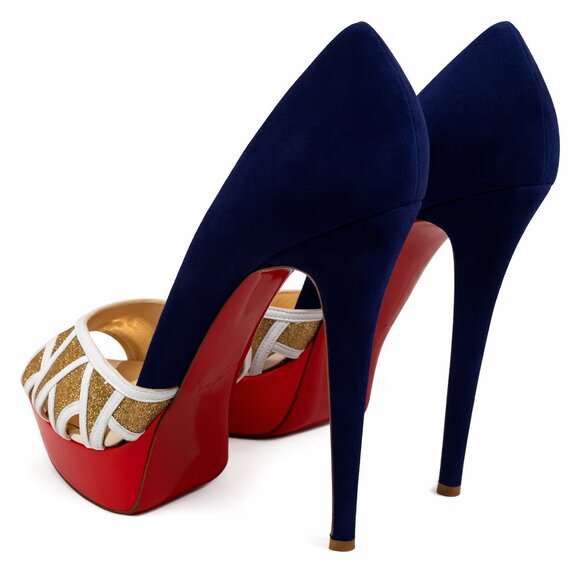 Christian Louboutin Navy Suede & Gold Glitter Platform Red Sole Heels, 39 / 8.5 - Picture 3 of 6